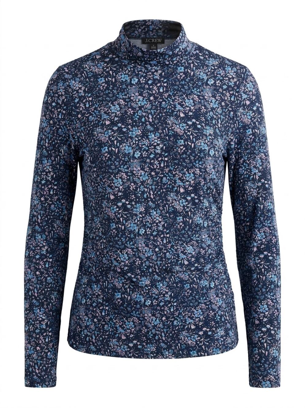 J.Crew Blue Floral Print Ruched Mock Neck Long Sleeve Top Women Size S